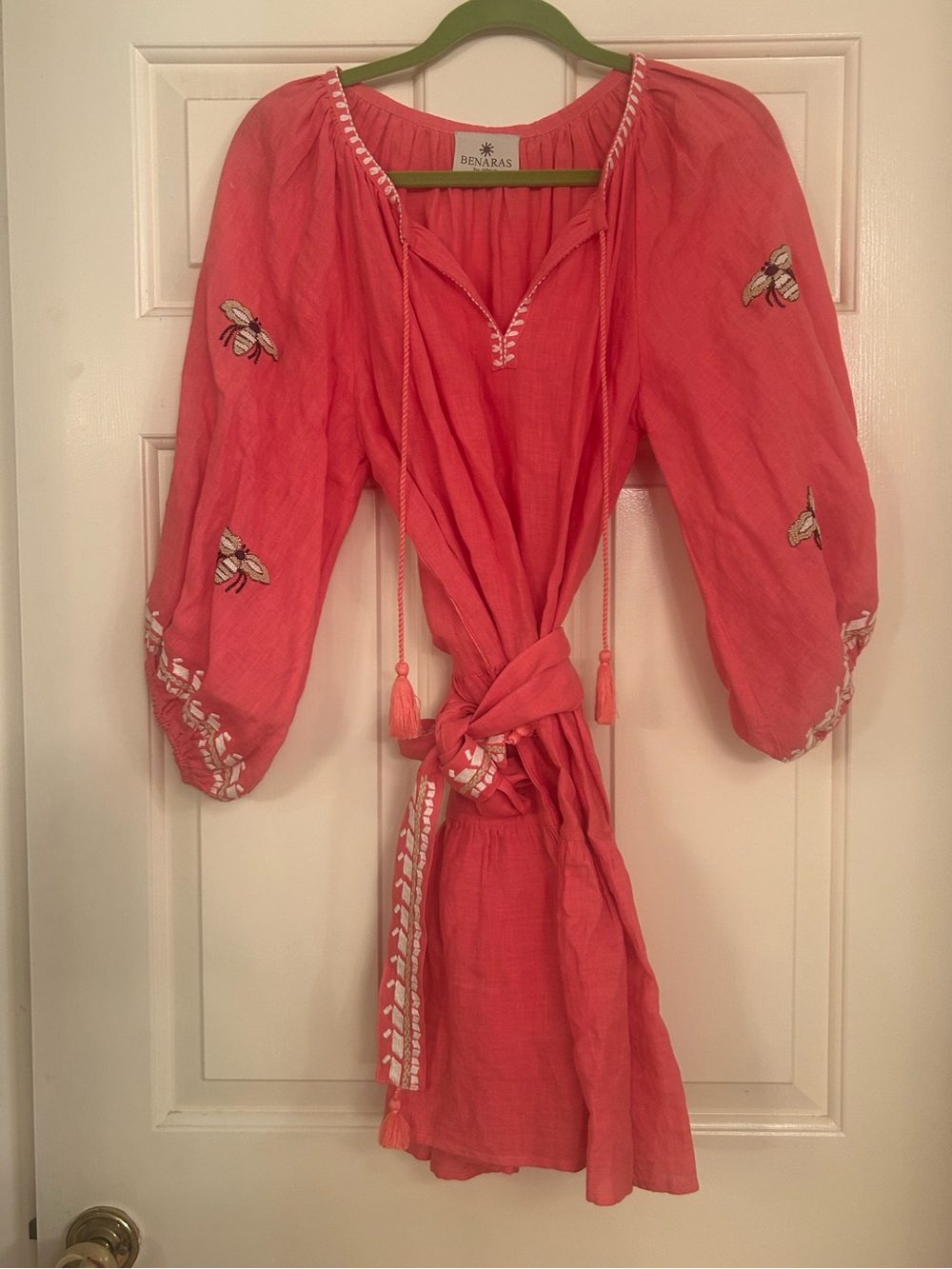 Benaras by Citrus Peach Pink Embroidered Beaded Bee Linen Mini Dress Medium